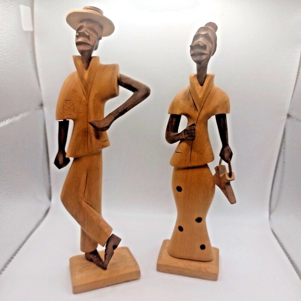 VTG Cuba Folk Art Hand Carved Man and Woman in town Articulated Hand Teak wood